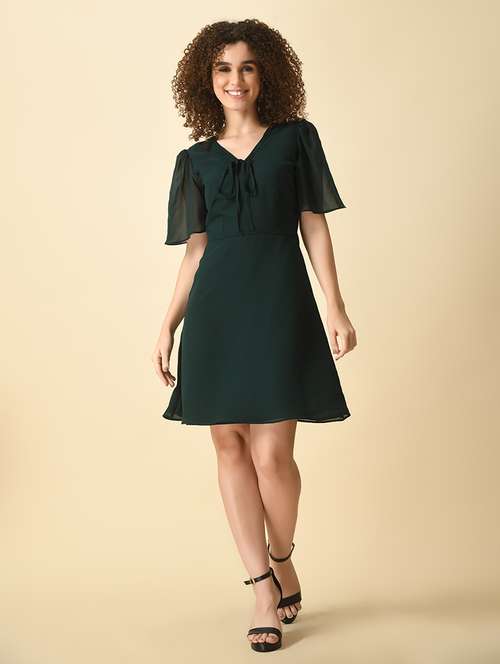 women dark green solid a-line dress - 21565222 - Standard Image - 0