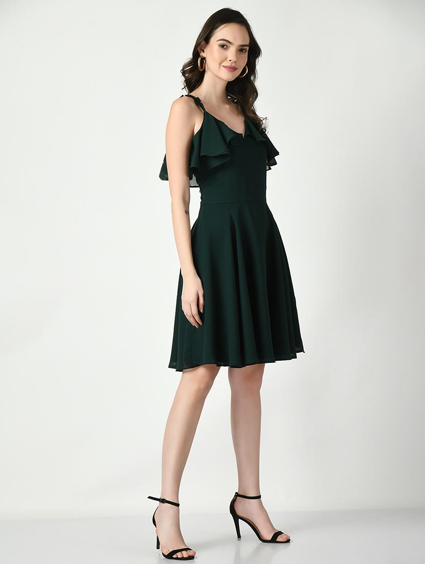 women dark green solid fit & flare dress - 21565343 - Standard Image - 2