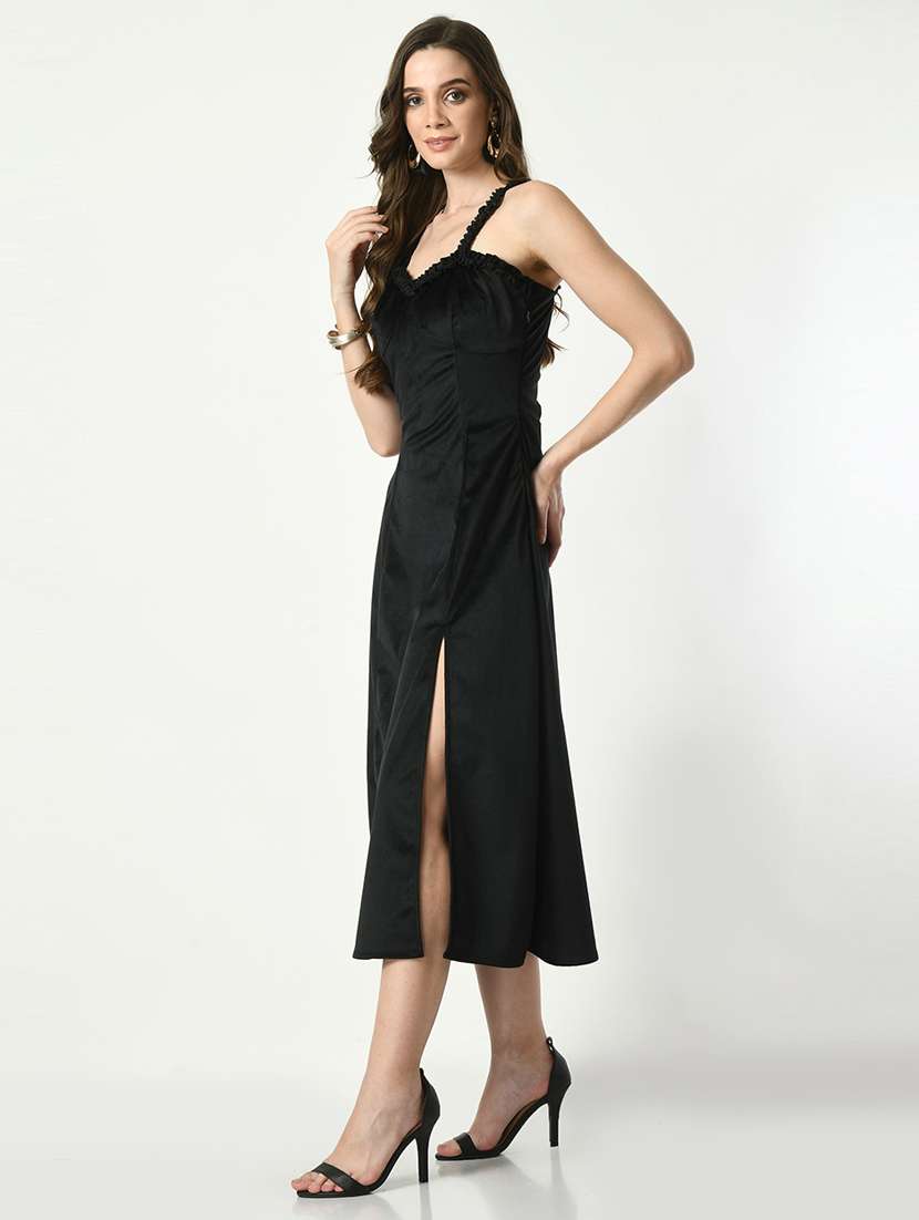 women solid velvet high slit dress - 21565398 - Standard Image - 2