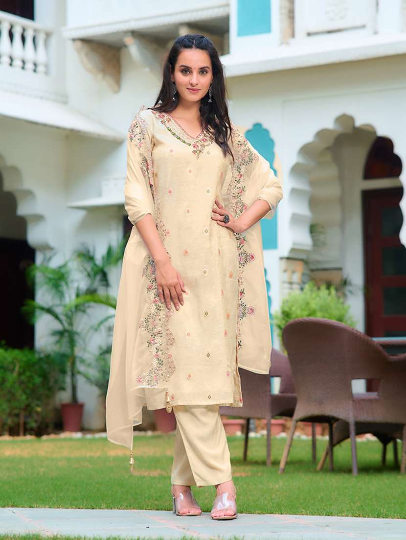 women embroidered three quarter sleeves suit set