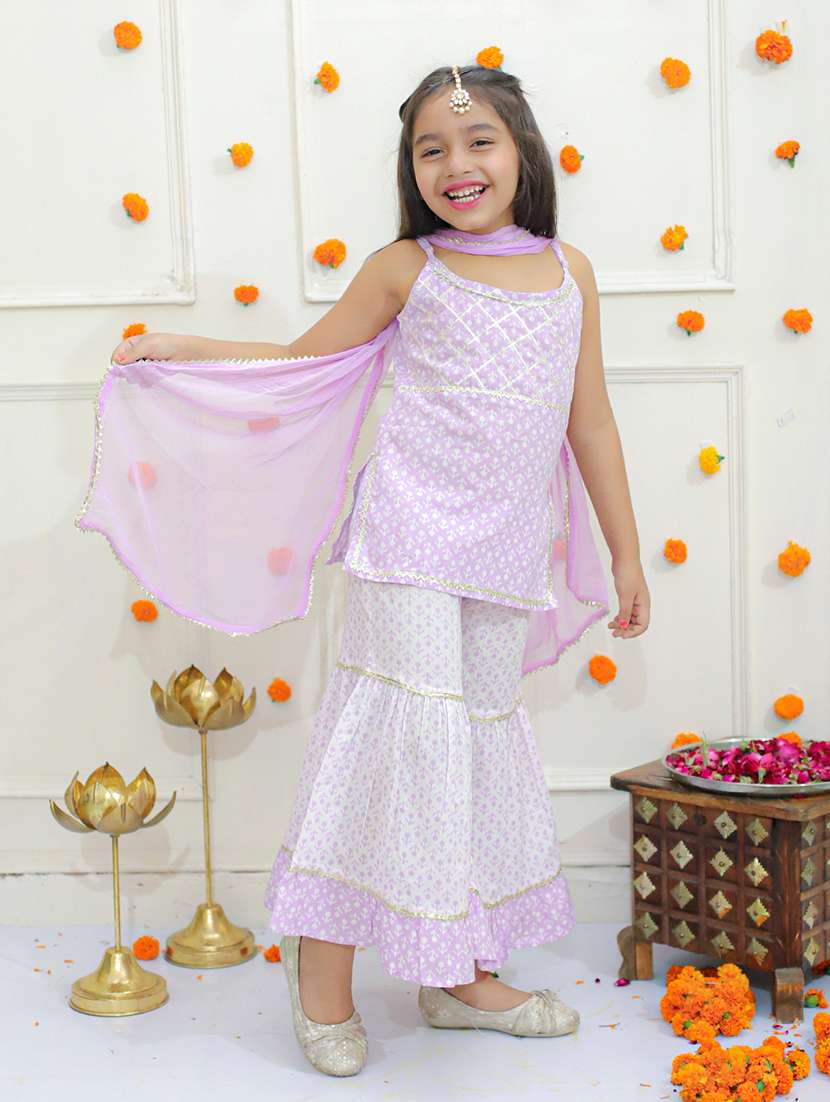 girls floral printed kurta sharara set with dupatta