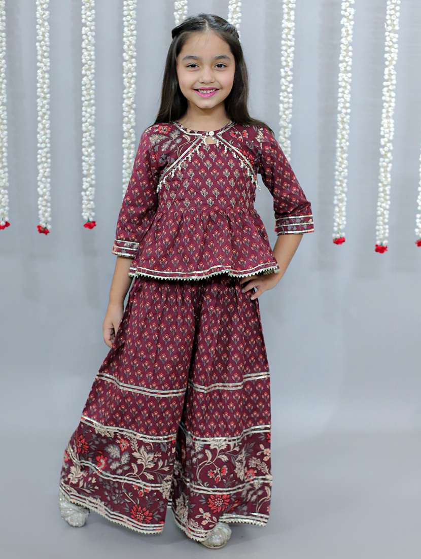 girls floral printed key hole neck kurta sharara set 