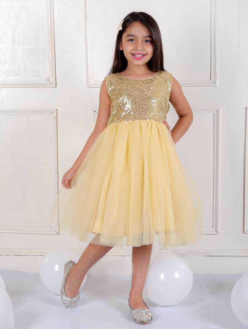 girls sequin work round neck fit & flared dress