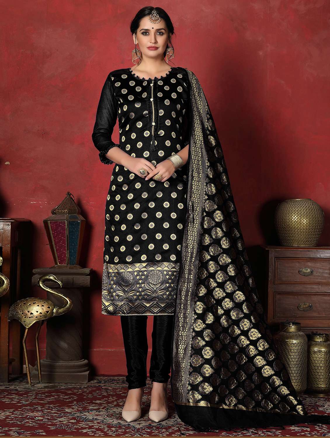 women black self design unstitched suit