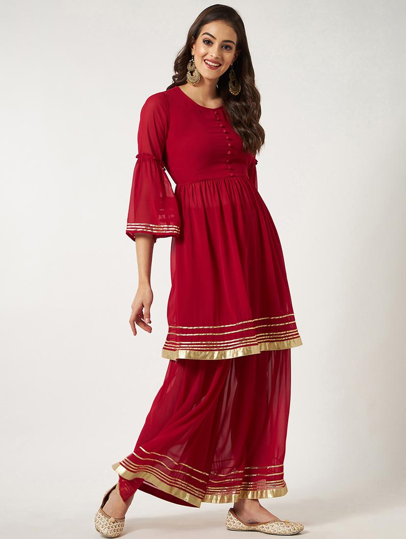 women red round neck kurta sharara set - 21567177 - Standard Image - 2