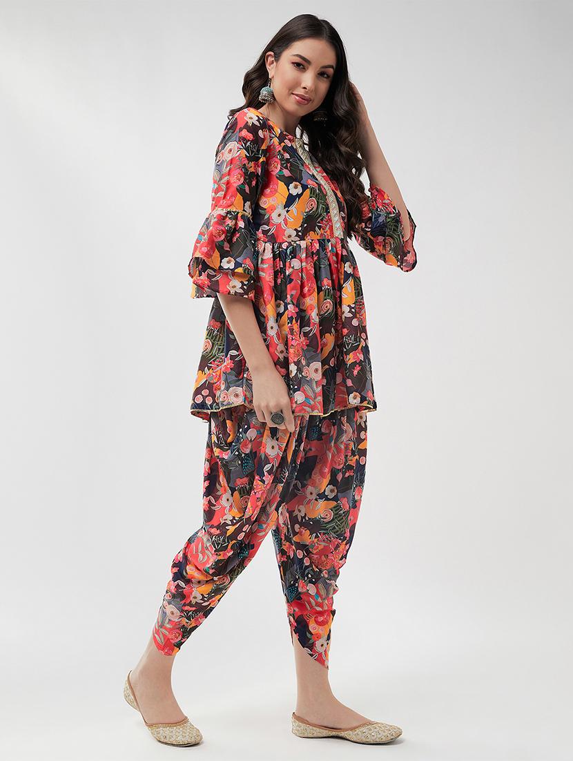 women floral round neck dhoti kurta set - 21567190 - Standard Image - 2