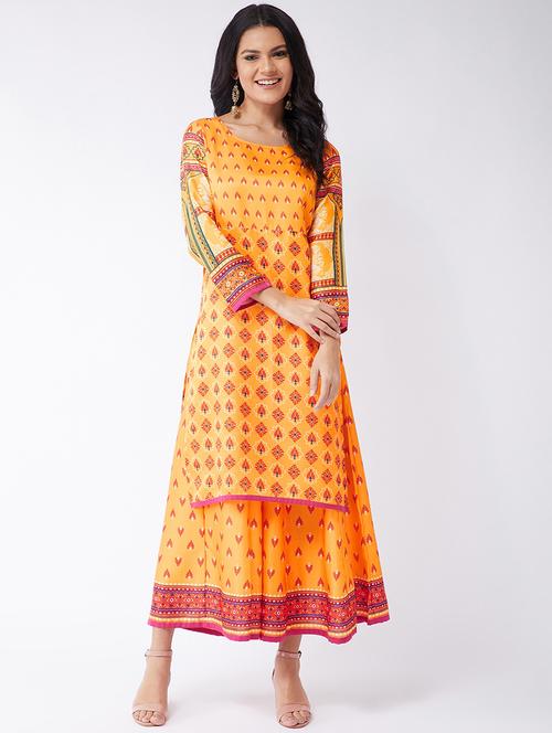 women yellow printed round neck kurta skirt set - 21567206 - Standard Image - 0
