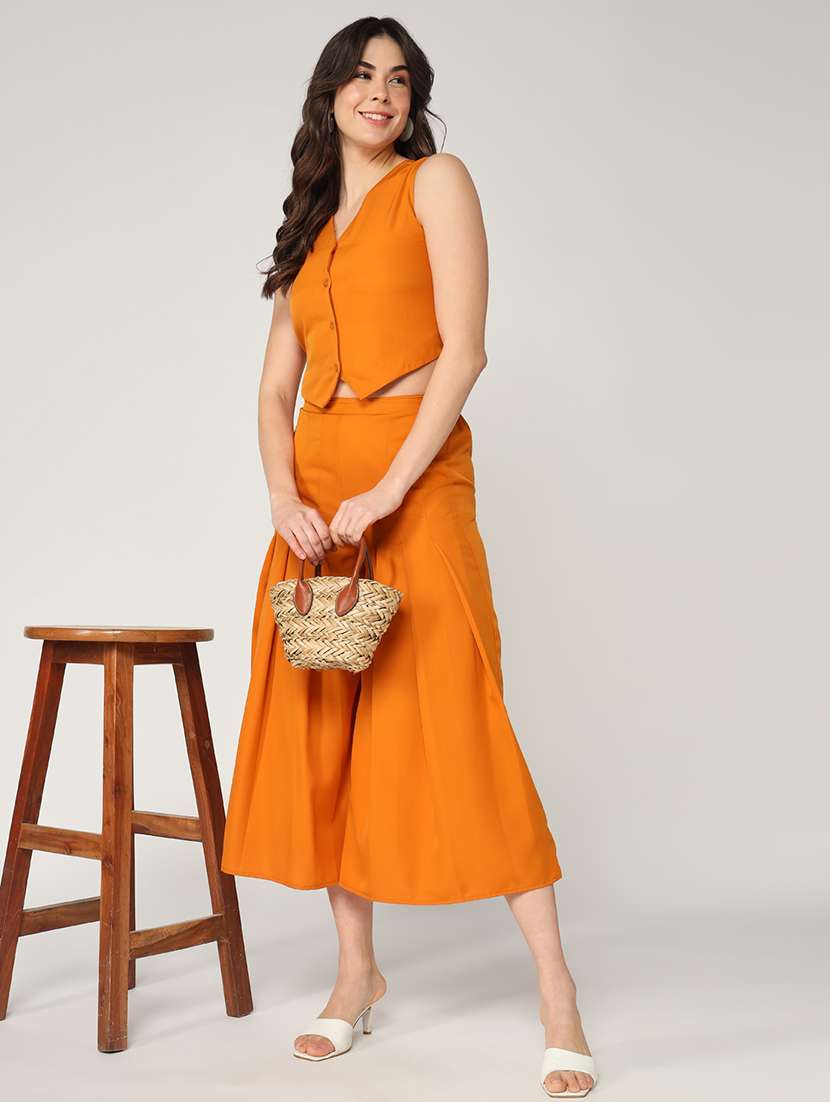 women solid v neck top and culottes set