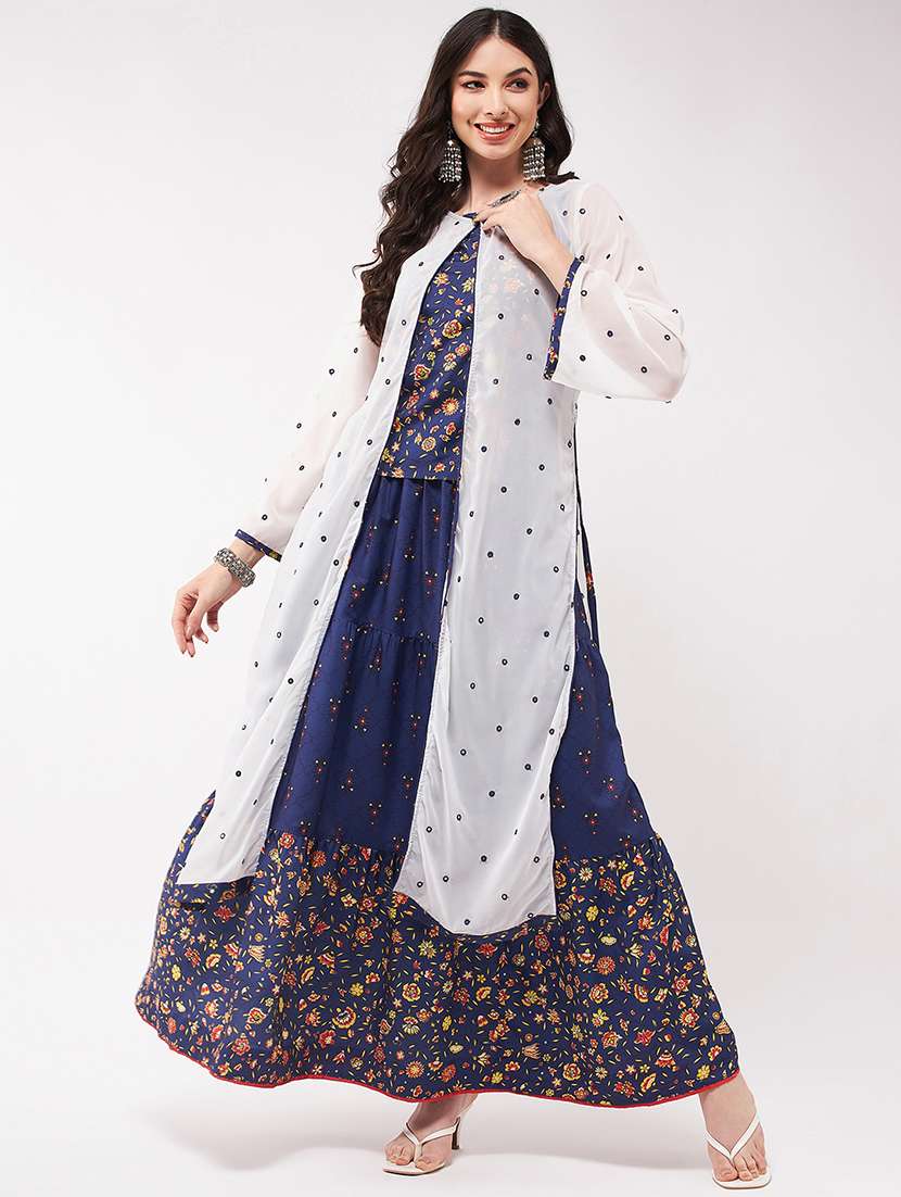 women floral skirt top set with long shrug