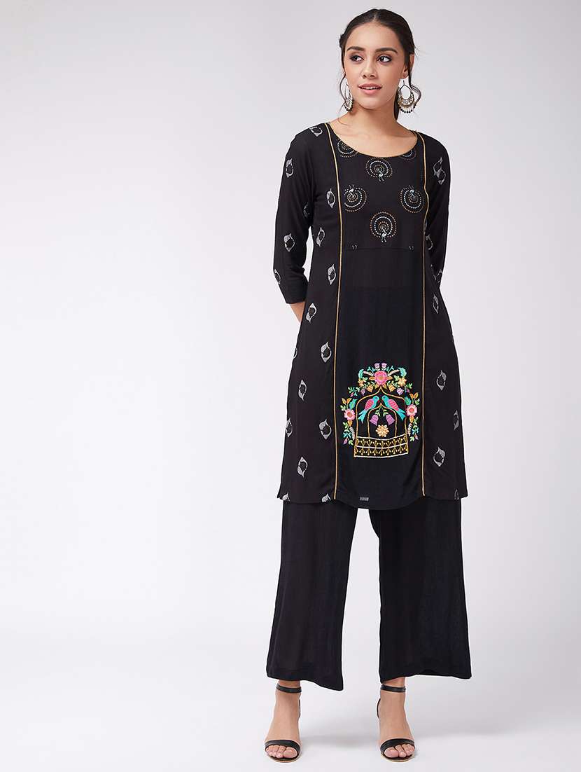 women black printed round neck kurta pant set
