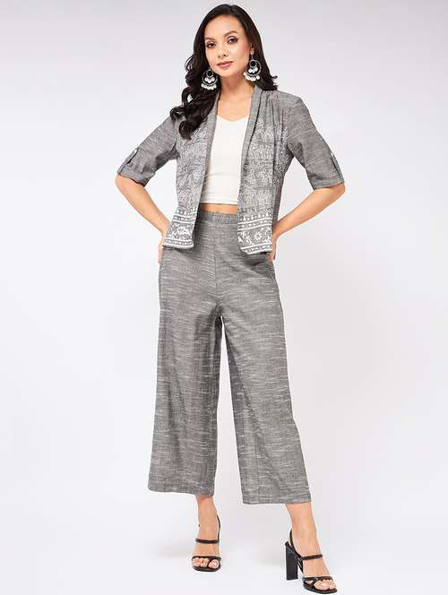women grey printed lapel neck co-ords set