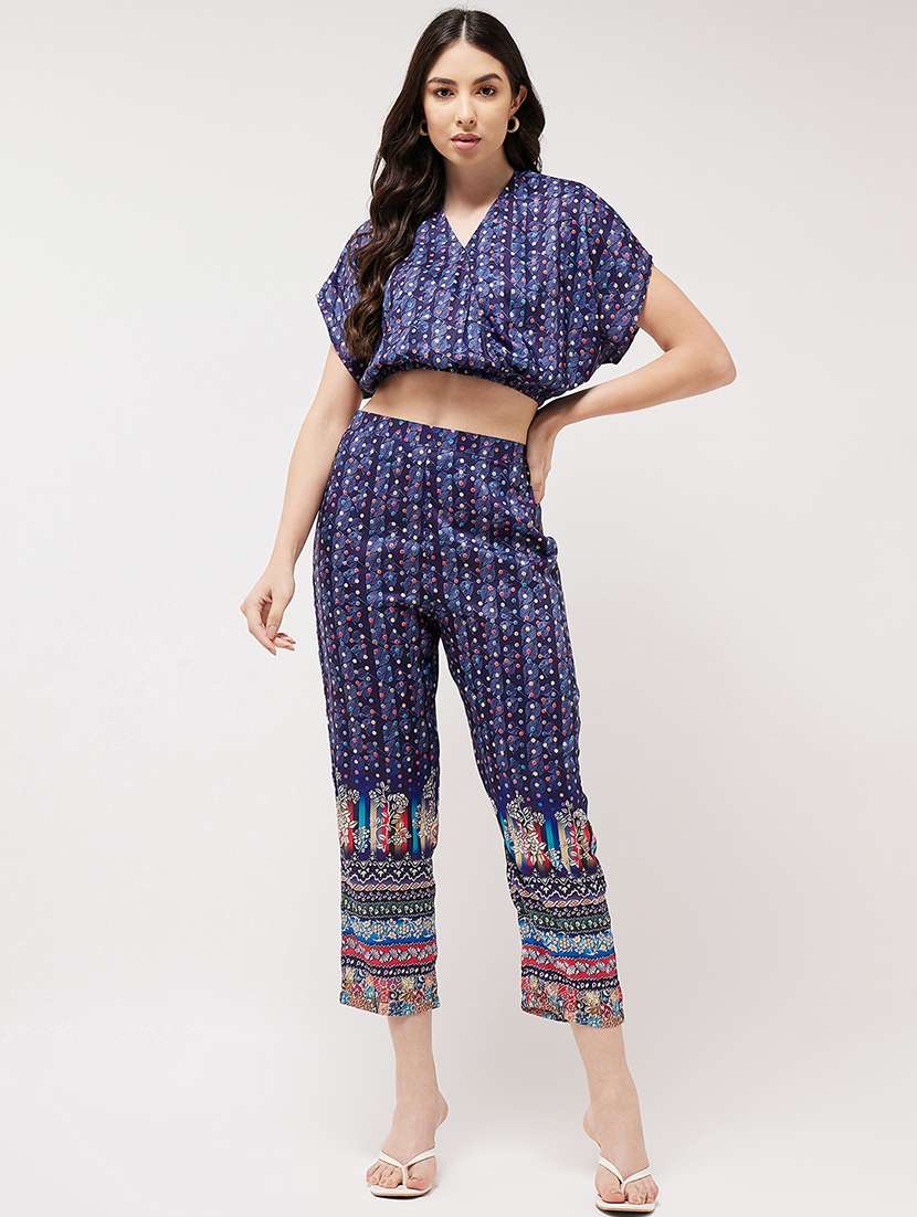 women blue printed v neck co-ord set - 21567263 - Standard Image - 2