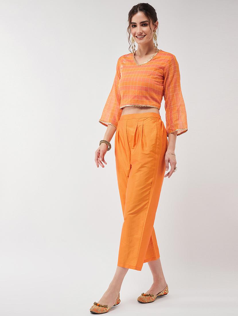 women orange checks v neck co-ord set - 21567268 - Standard Image - 2