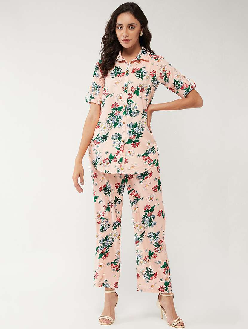 women cream floral shirt collar neck co-ord set