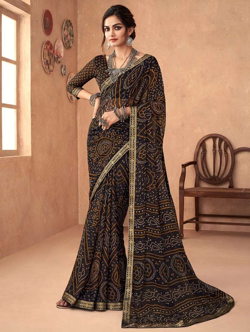 women lace bordered bandhani saree 