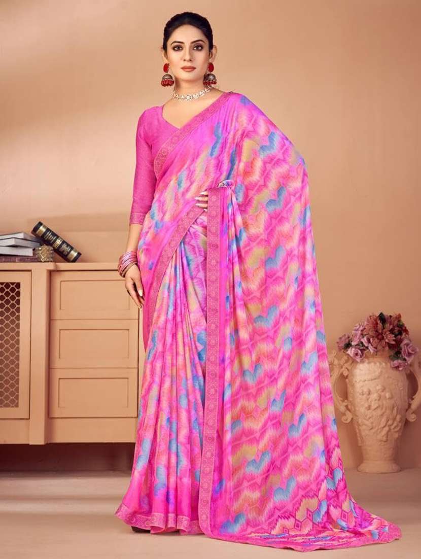 women pink printed saree