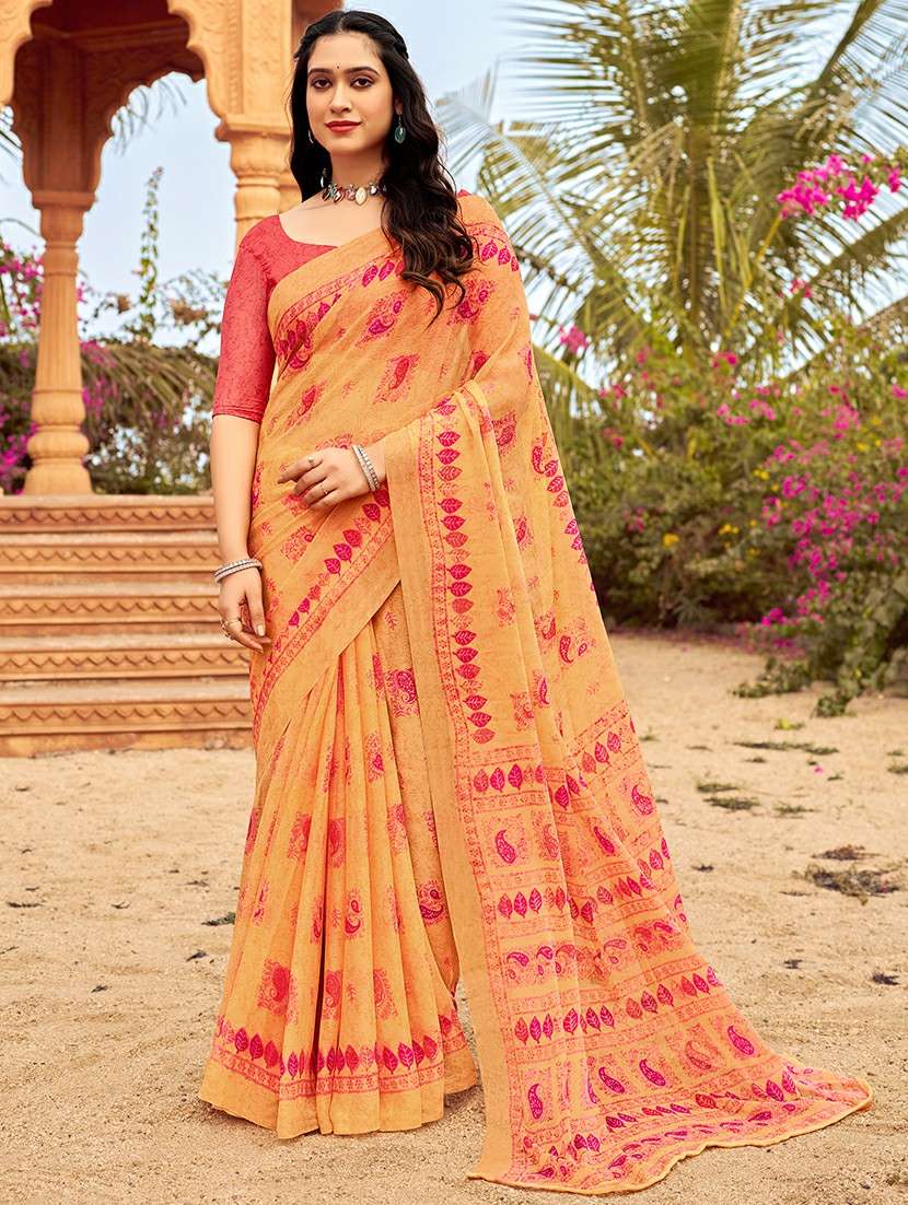 women orange printed saree