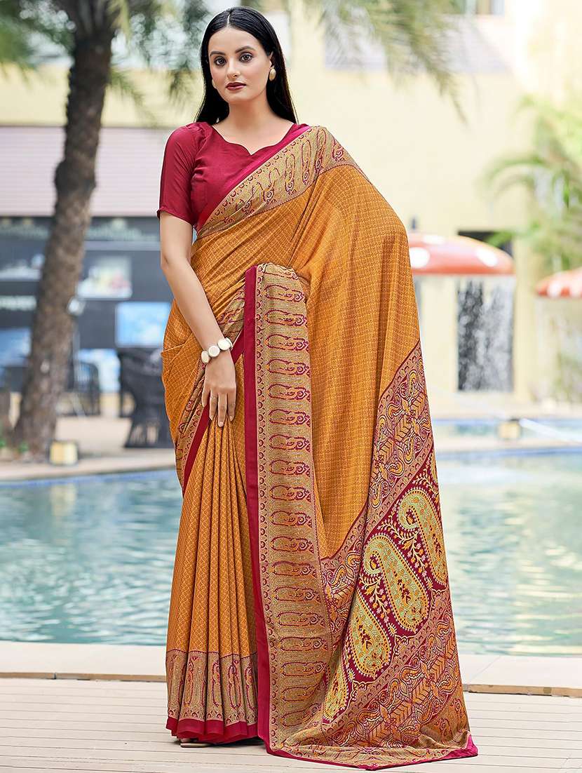 women mustard printed bordered saree