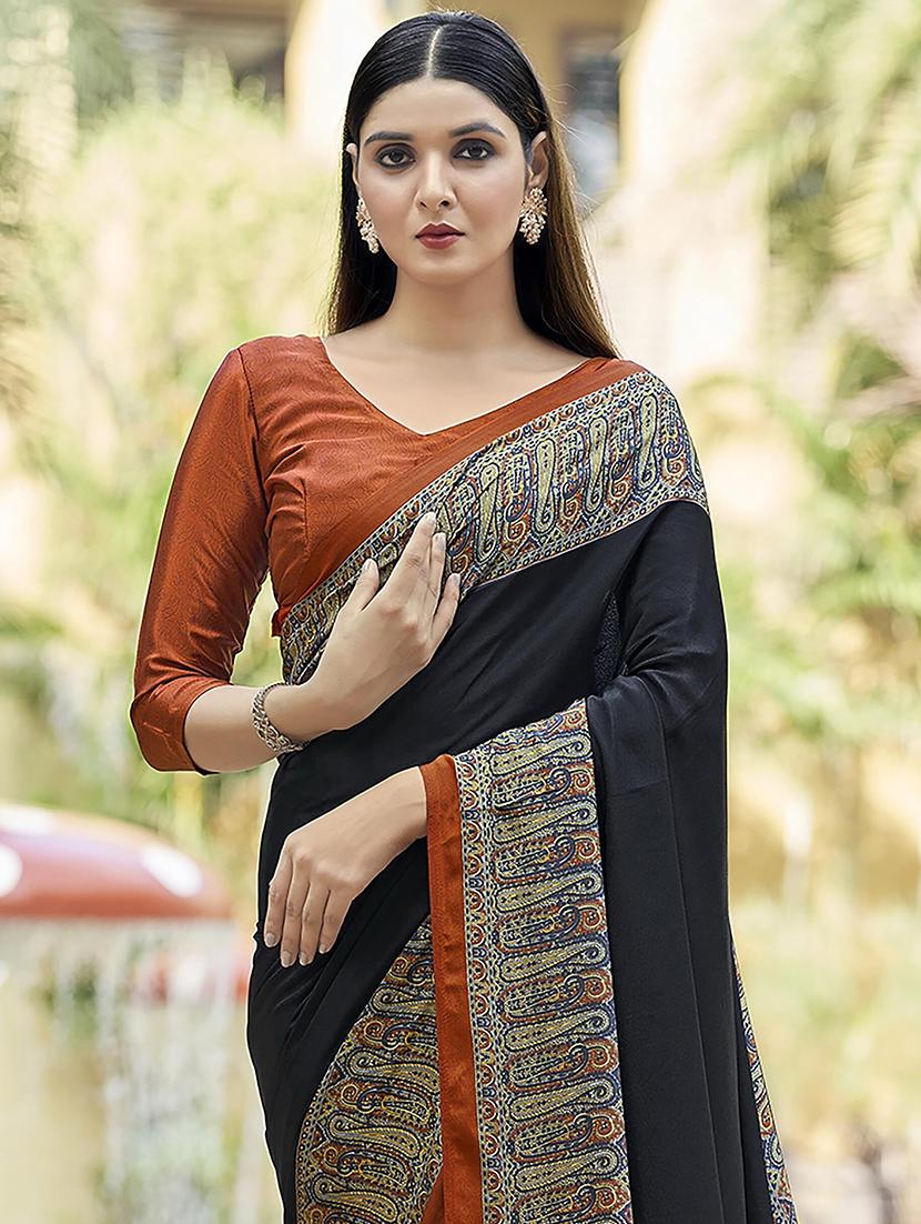 women black solid printed bordered saree - 21567783 - Standard Image - 2