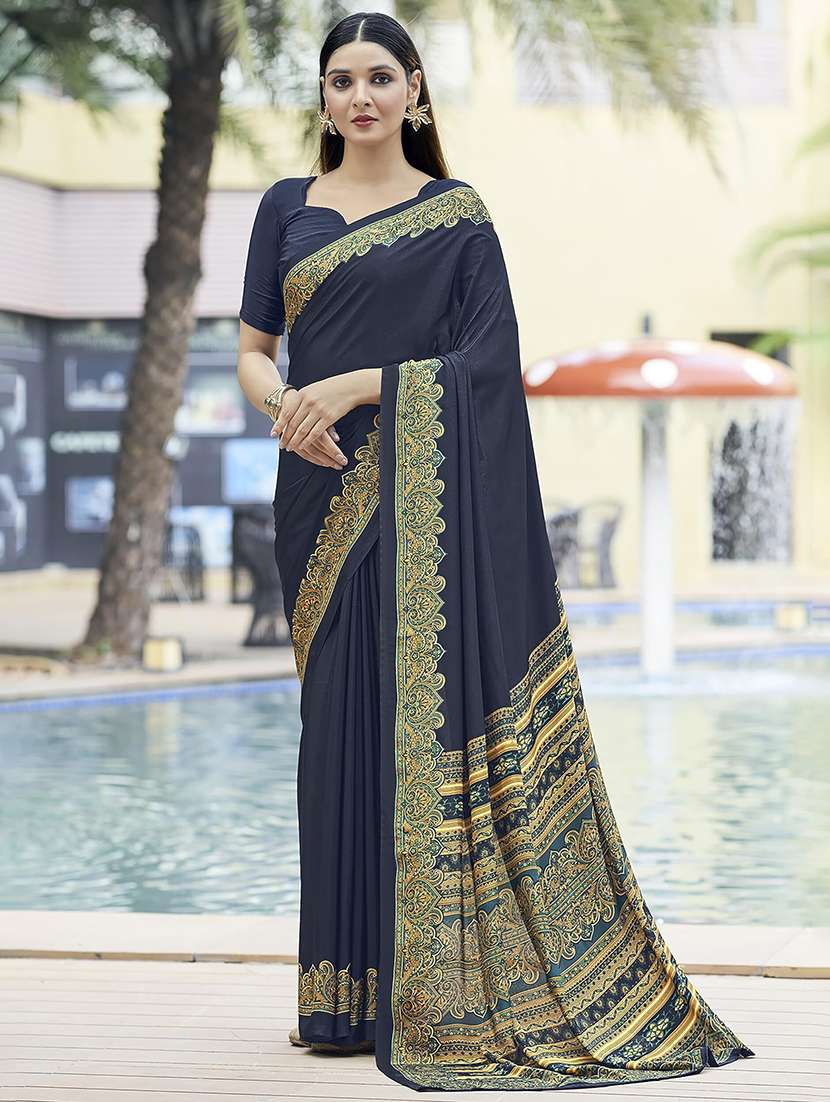 women blue solid bordered saree