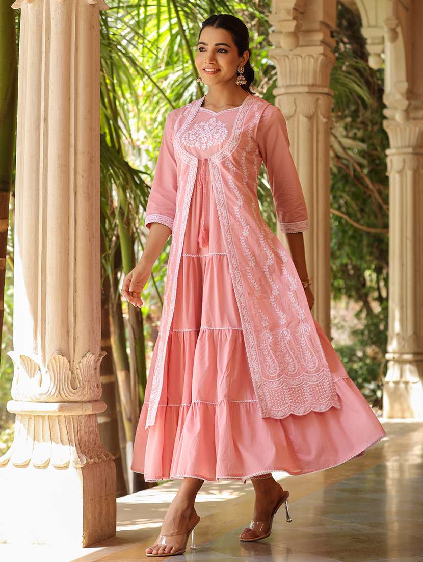 women peach embroidered tiered ethnic dress - 21567850 -  Standard Image - 2