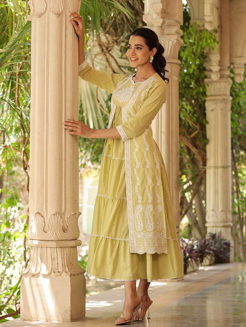 women lime embroidered tiered ethnic dress - 21567851 -  Standard Image - 2