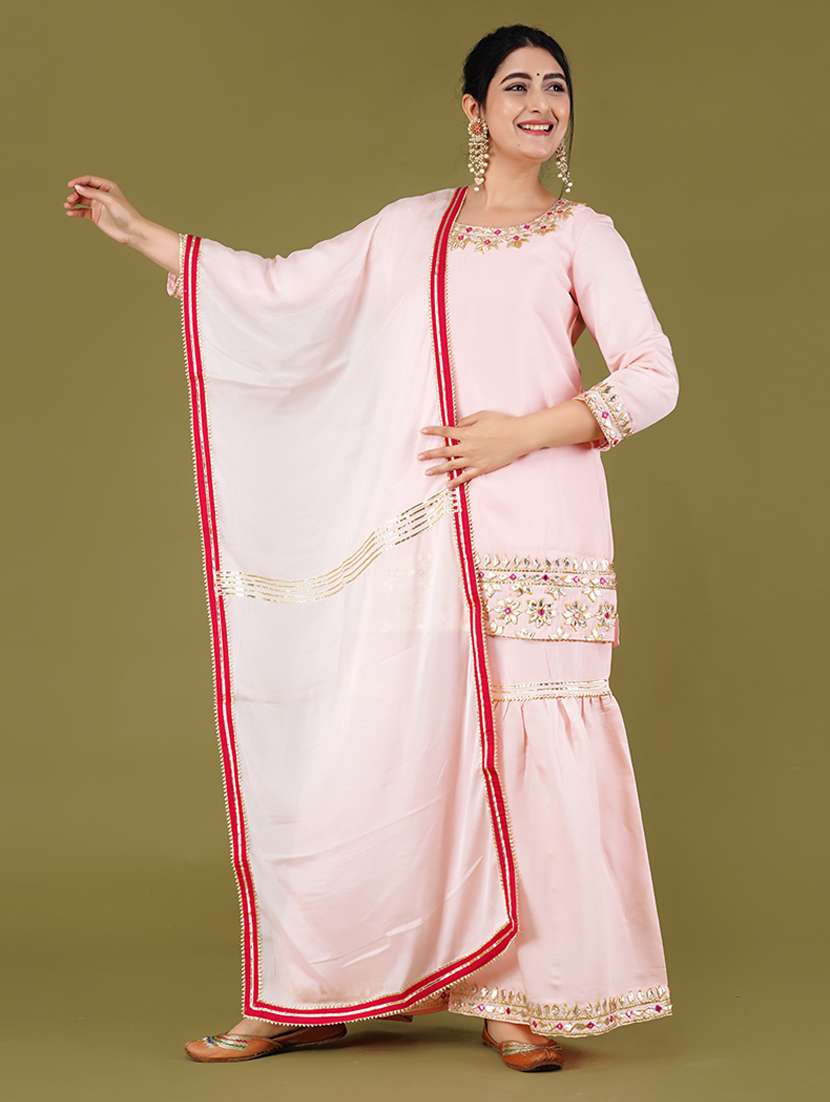 women solid kurta sharara set with dupatta