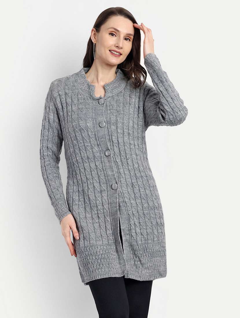 women grey self design cardigans