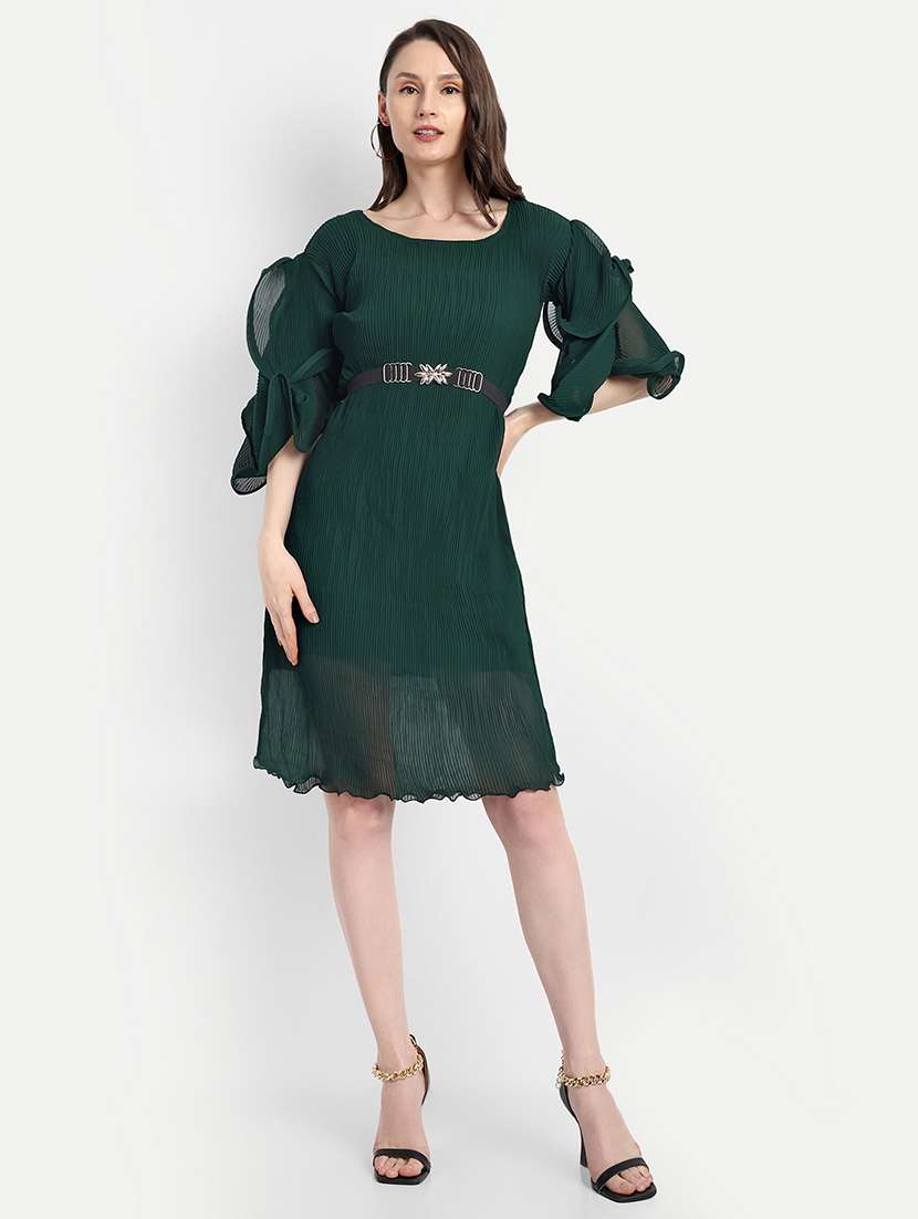women green solid round neck a-line dress - 21568386 - Zoom Image - 0