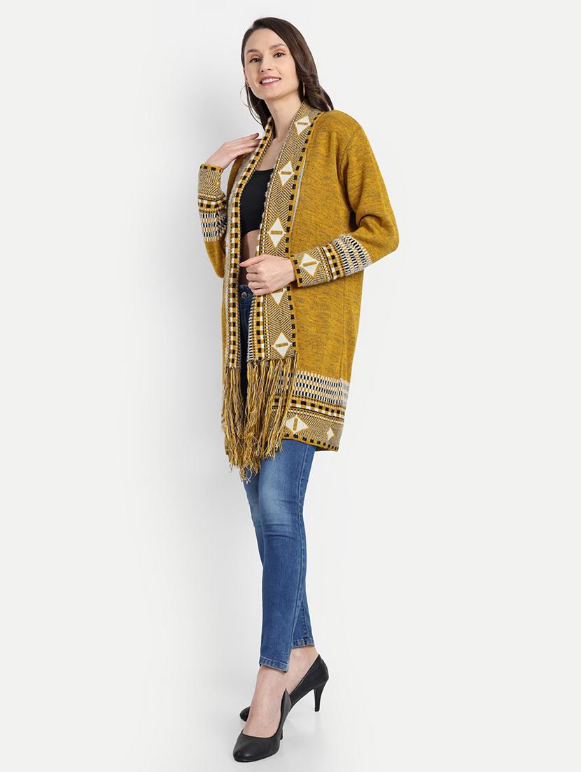 women mustard self design long sleeve shrug - 21568391 - Standard Image - 2