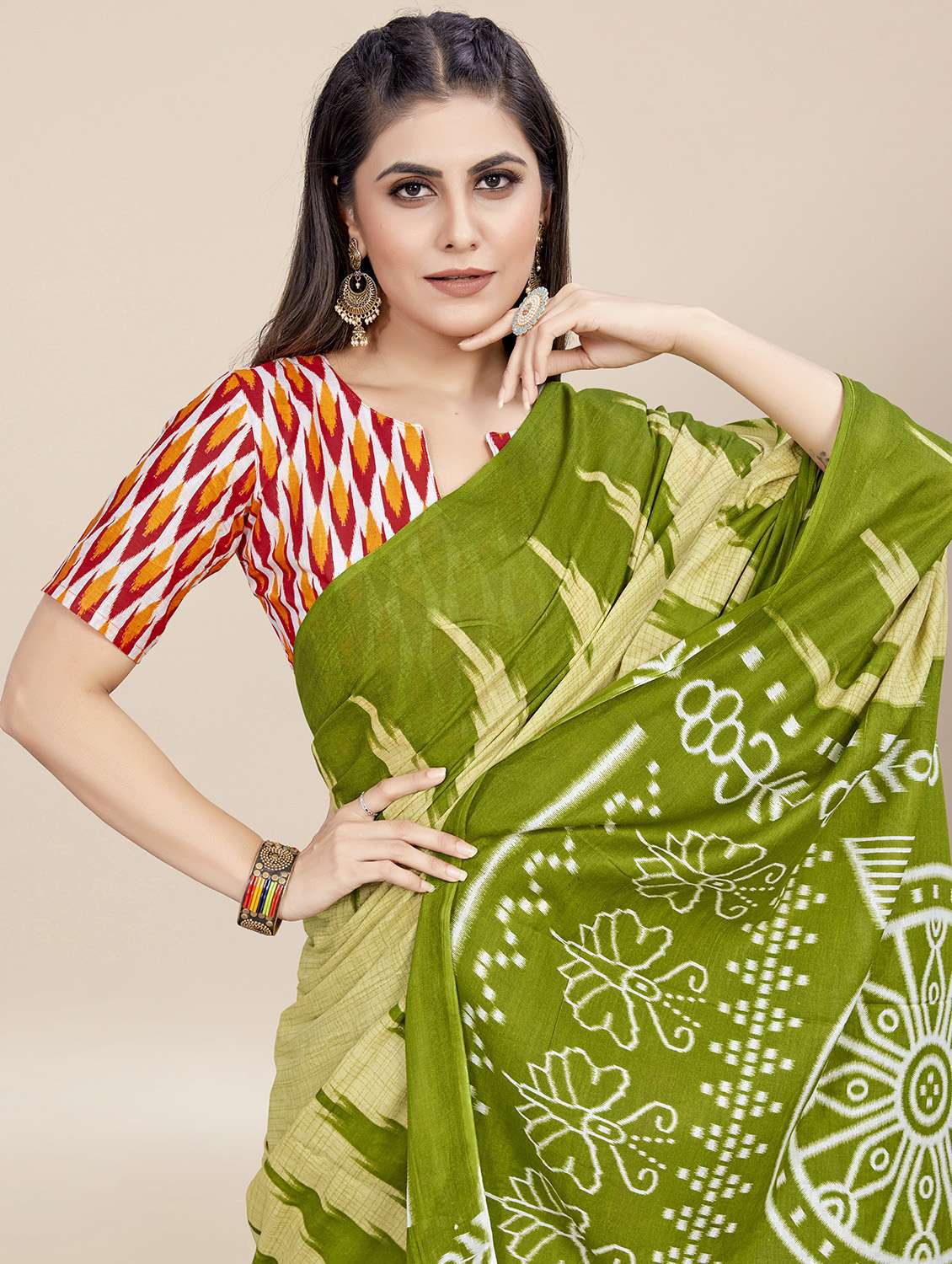 green cotton printed saree with blouse - 21568951 -  Standard Image - 2