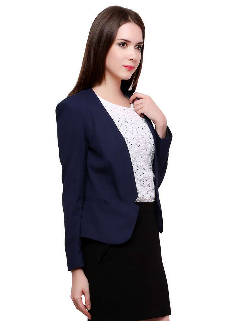 women navy blue solid casual blazer