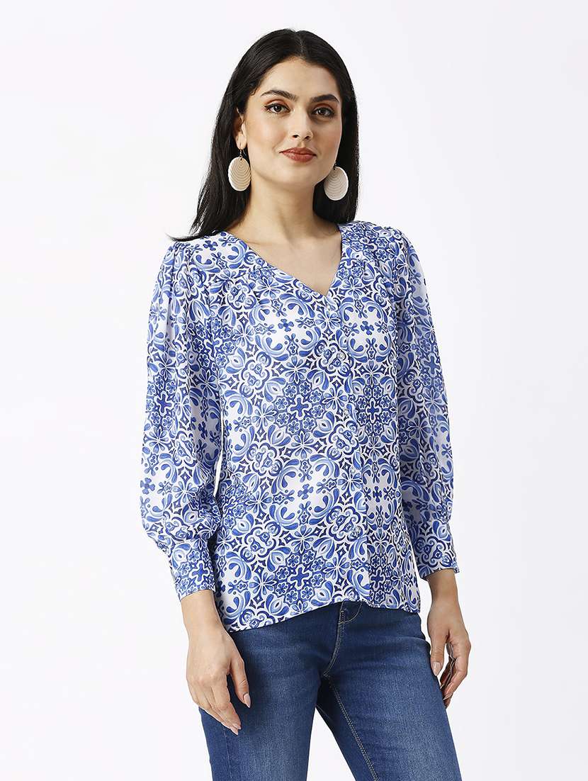 women printed v neck puff sleeve shirt - 21569576 - Standard Image - 2
