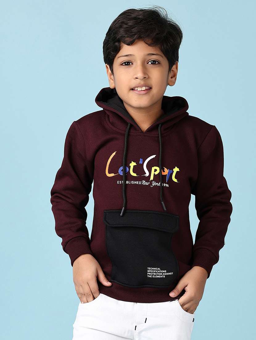 boys maroon chest print long sleeve hooded sweatshirt