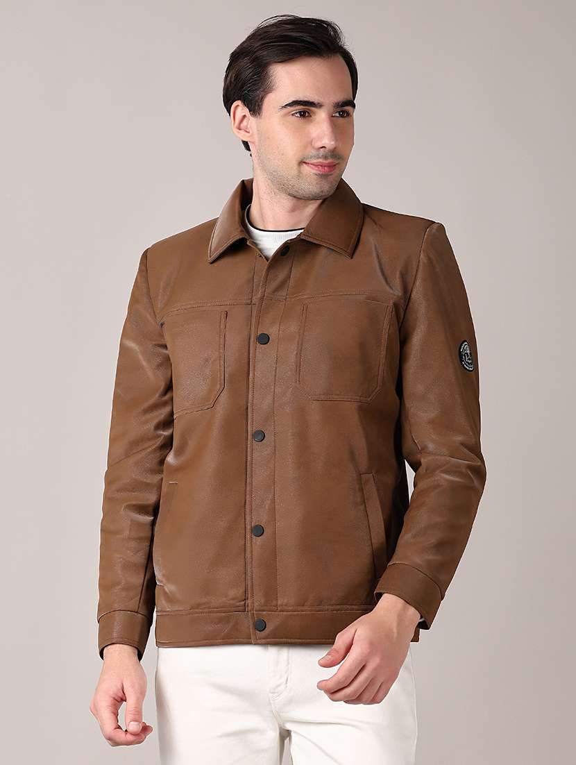 men brown solid long sleeve biker jacket