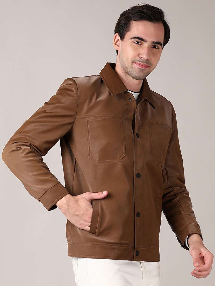 men brown solid long sleeve biker jacket - 21569671 -  Standard Image - 2