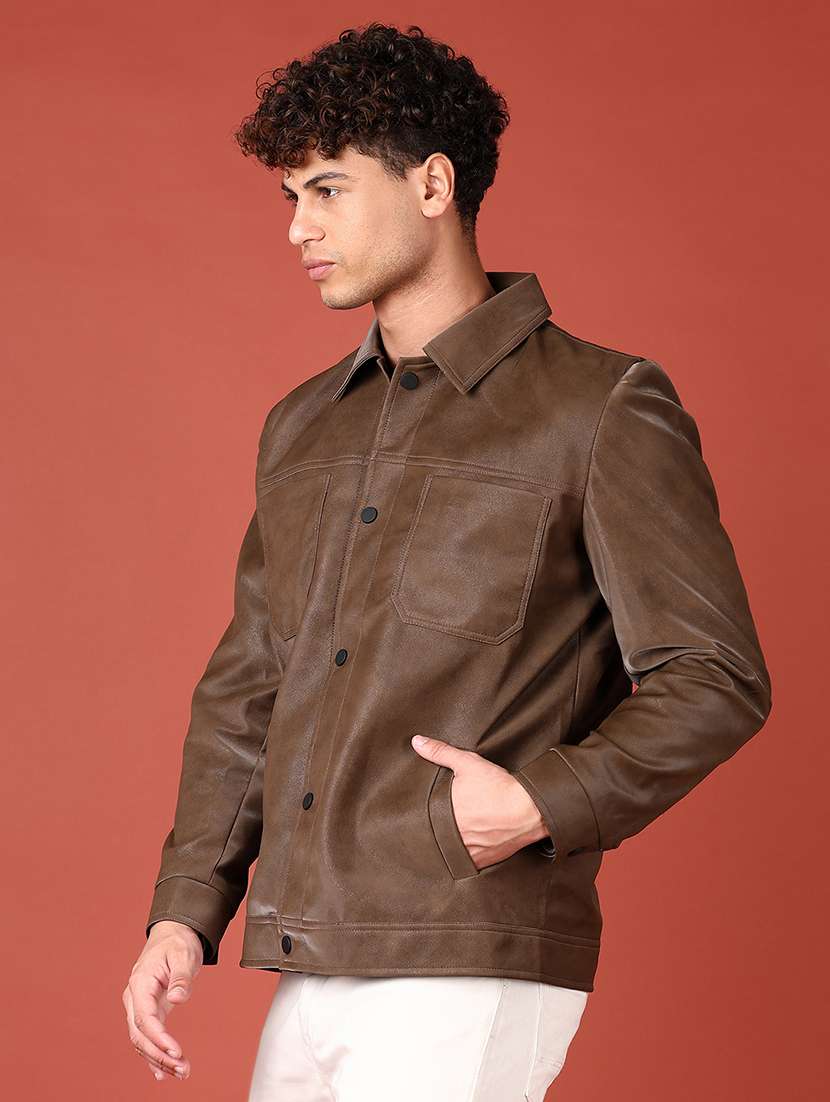 men brown solid long sleeve biker jacket - 21569672 -  Standard Image - 2