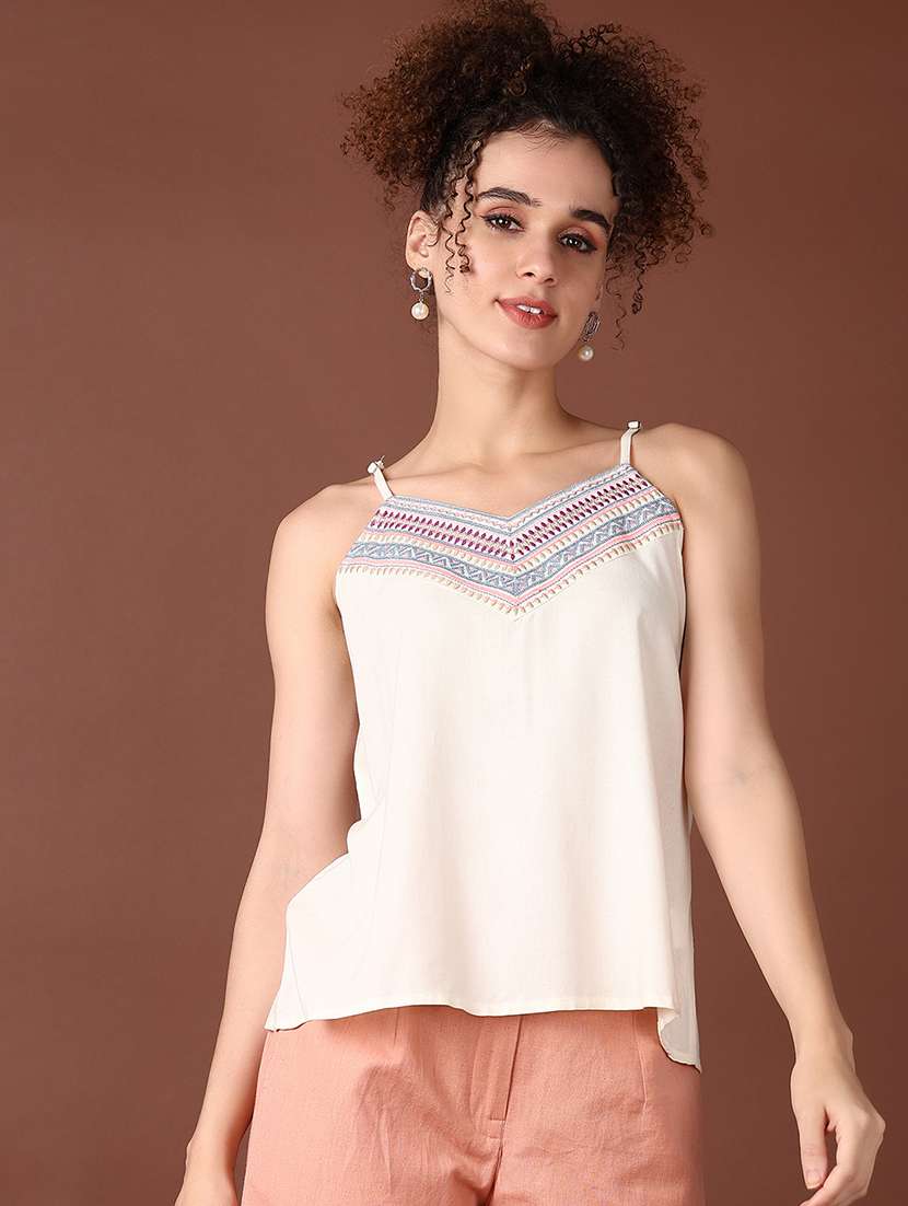 women solid shoulder strap neck top