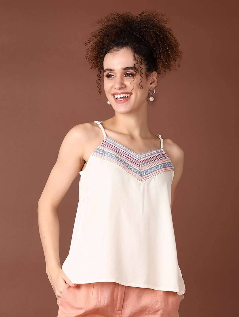 women solid shoulder strap neck top - 21569686 -  Standard Image - 2