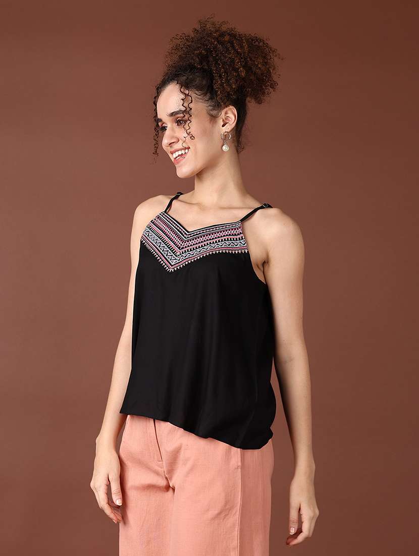 women solid shoulder strap neck top - 21569687 -  Standard Image - 2