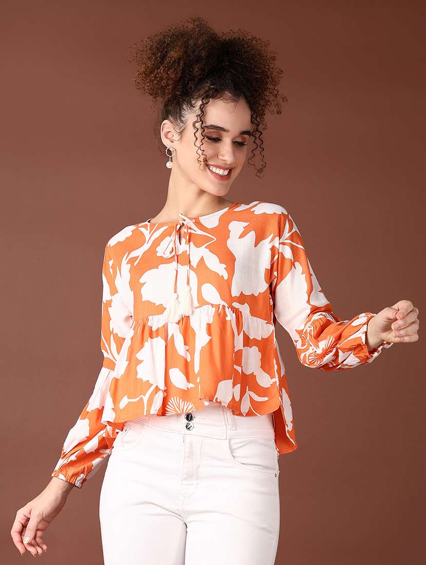 women floral printed long sleeve crop top