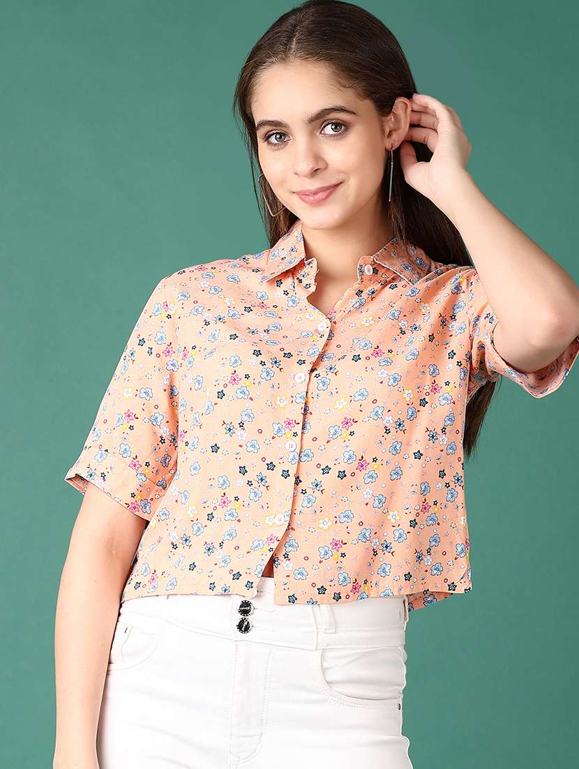 women peach floral printed crop shirt - 21569693 -  Standard Image - 2