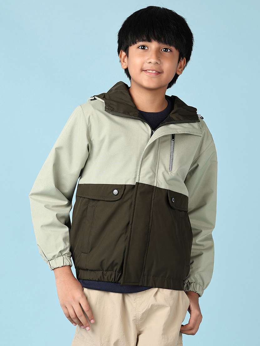 boys olive color block long sleeve hooded jacket