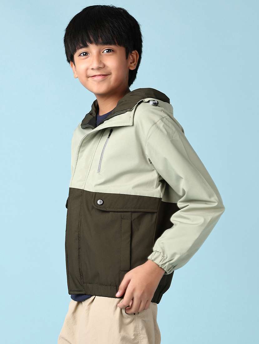 boys olive color block long sleeve hooded jacket - 21569805 -  Standard Image - 2
