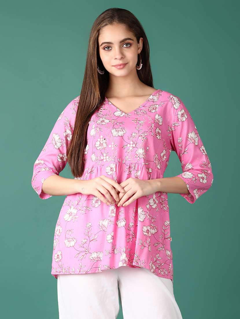 women floral three quarter sleeve a-line kurti