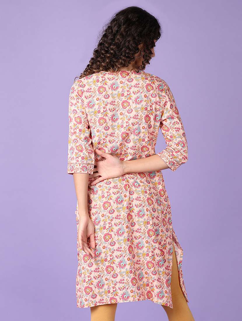women floral three quarter sleeve straight kurta - 21569996 - Standard Image - 2