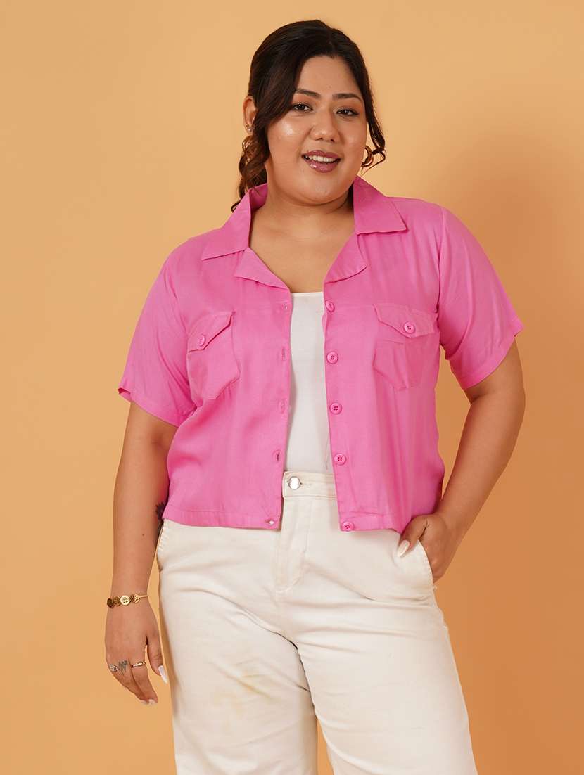 women pink short sleeve solid crop shirt
