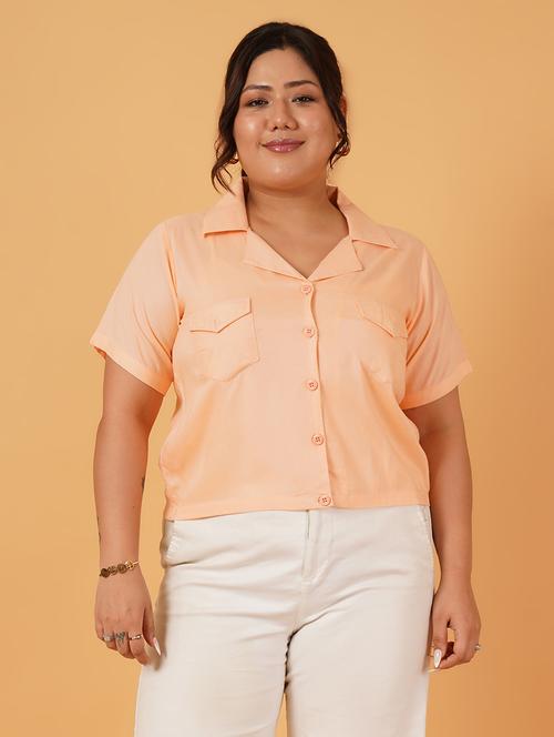 women peach solid short sleeve crop shirt - 21570351 - Standard Image - 0