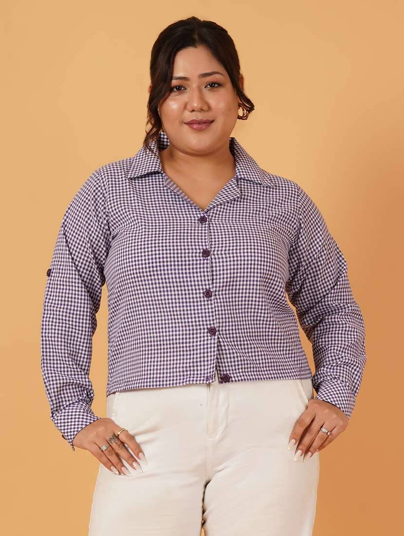 women purple checks long sleeve crop shirt