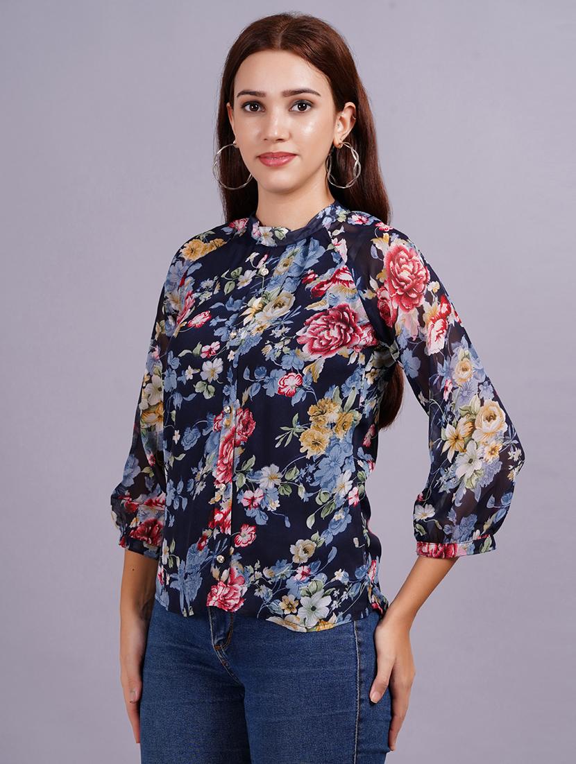 women navy blue floral printed regular top - 21570489 - Standard Image - 2